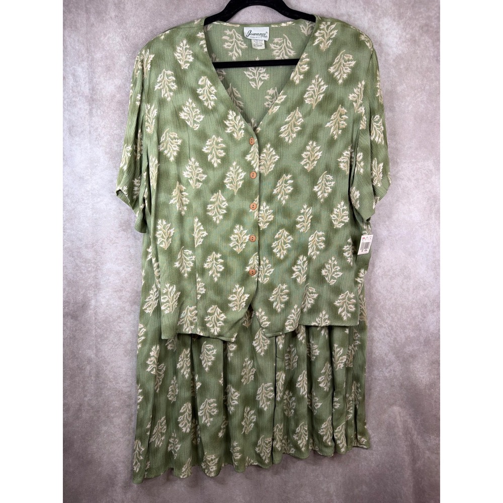NWT VTG 80s Joanna Skirt Set Women XL Green Leaf Print  Rayon Made in USA